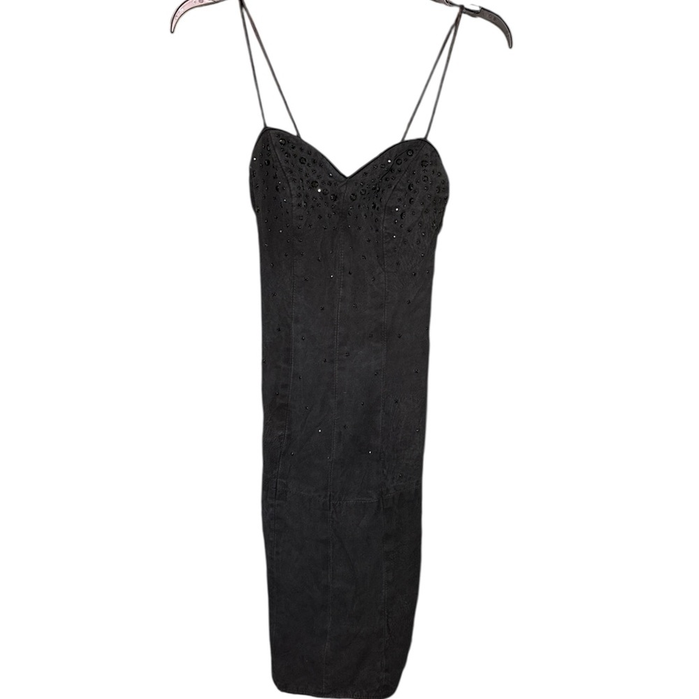 Vintage 80’s Black Sleeveless leather Dress with rhinestones
